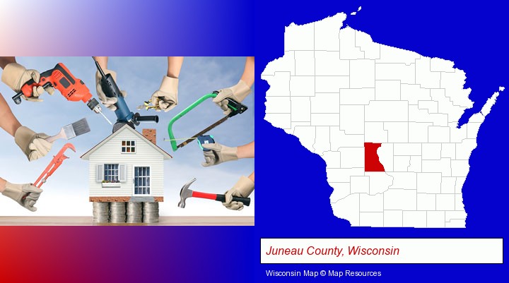 home improvement concepts and tools; Juneau County, Wisconsin highlighted in red on a map