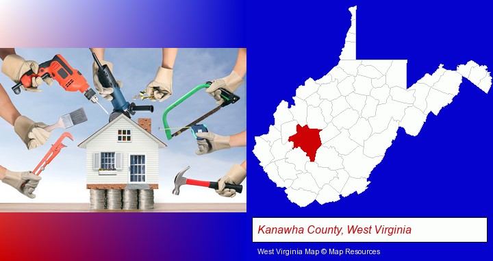 home improvement concepts and tools; Kanawha County, West Virginia highlighted in red on a map