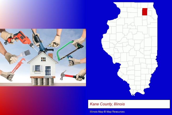 home improvement concepts and tools; Kane County, Illinois highlighted in red on a map