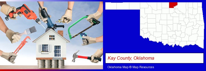 home improvement concepts and tools; Kay County, Oklahoma highlighted in red on a map