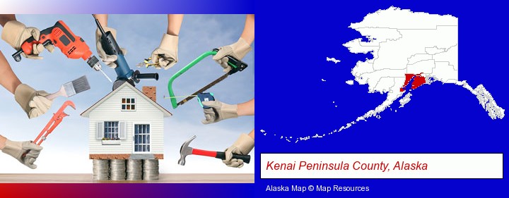 home improvement concepts and tools; Kenai Peninsula County, Alaska highlighted in red on a map