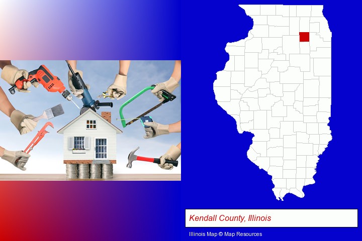 home improvement concepts and tools; Kendall County, Illinois highlighted in red on a map