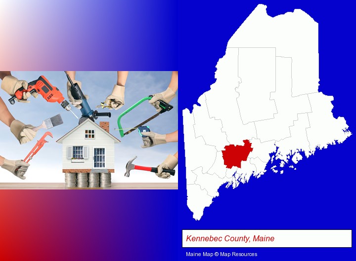 home improvement concepts and tools; Kennebec County, Maine highlighted in red on a map
