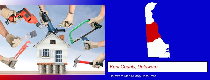 home improvement concepts and tools; Kent County, Delaware highlighted in red on a map