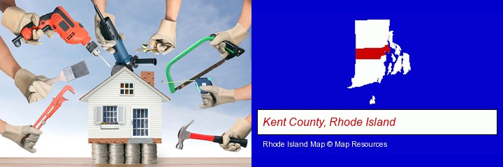 home improvement concepts and tools; Kent County, Rhode Island highlighted in red on a map