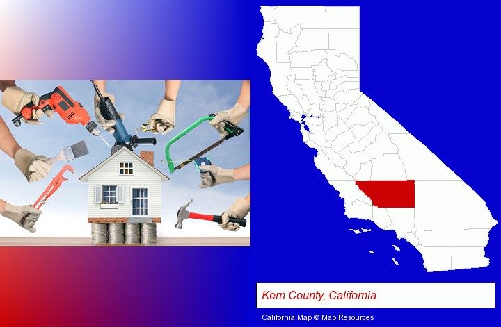 home improvement concepts and tools; Kern County, California highlighted in red on a map