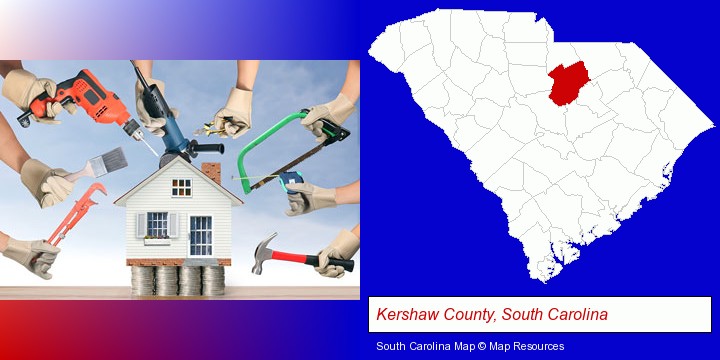 home improvement concepts and tools; Kershaw County, South Carolina highlighted in red on a map