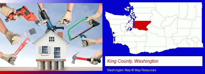 home improvement concepts and tools; King County, Washington highlighted in red on a map