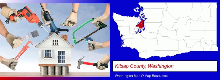 home improvement concepts and tools; Kitsap County, Washington highlighted in red on a map