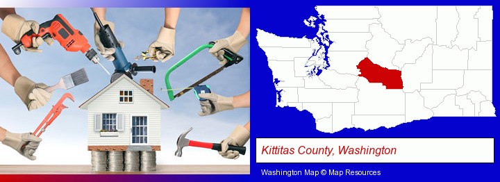 home improvement concepts and tools; Kittitas County, Washington highlighted in red on a map
