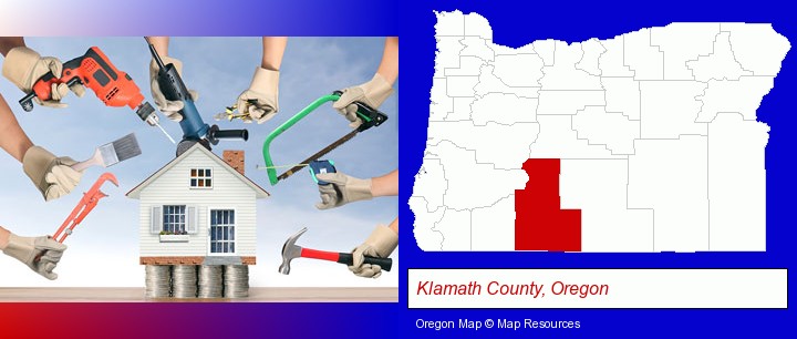 home improvement concepts and tools; Klamath County, Oregon highlighted in red on a map