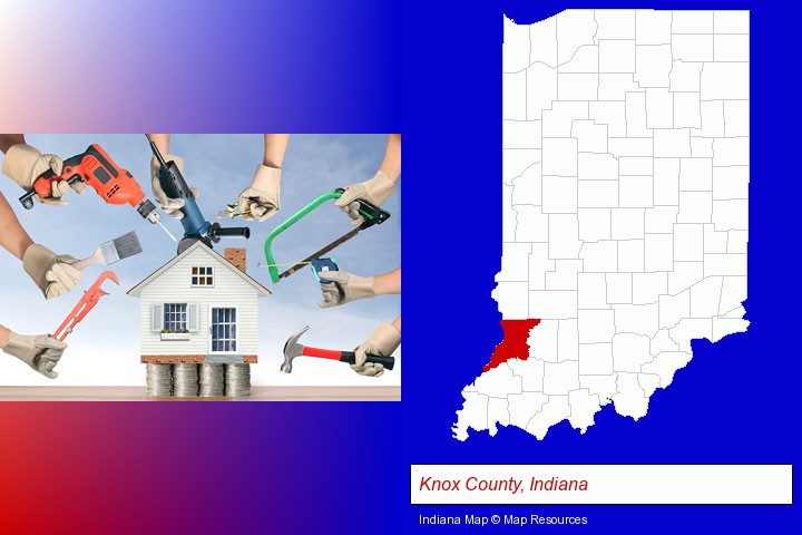 home improvement concepts and tools; Knox County, Indiana highlighted in red on a map