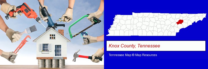 home improvement concepts and tools; Knox County, Tennessee highlighted in red on a map
