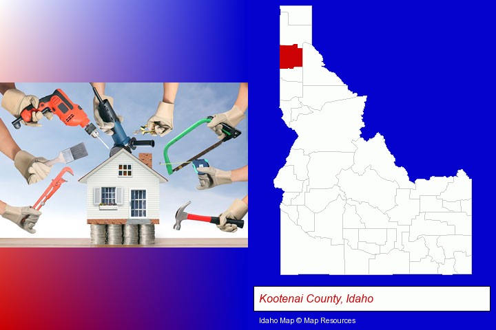 home improvement concepts and tools; Kootenai County, Idaho highlighted in red on a map