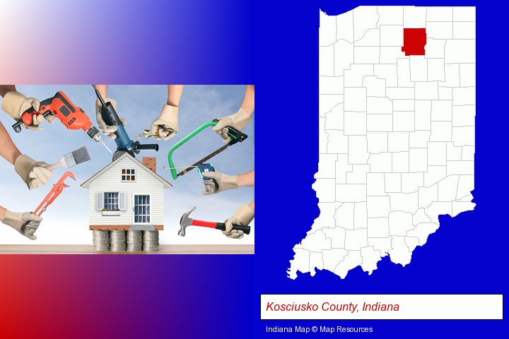 home improvement concepts and tools; Kosciusko County, Indiana highlighted in red on a map
