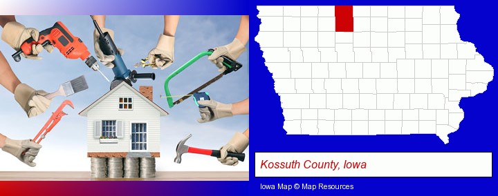 home improvement concepts and tools; Kossuth County, Iowa highlighted in red on a map