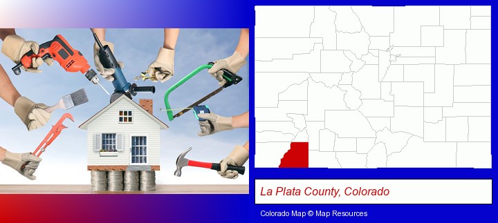 home improvement concepts and tools; La Plata County, Colorado highlighted in red on a map
