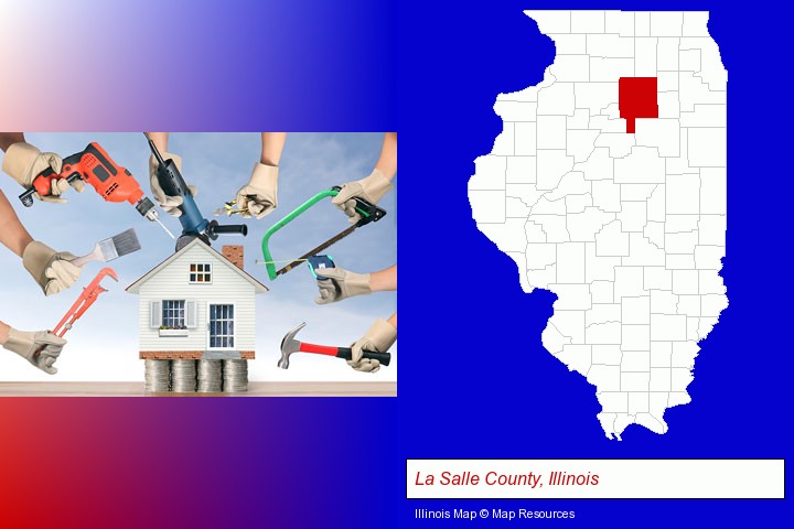 home improvement concepts and tools; La Salle County, Illinois highlighted in red on a map
