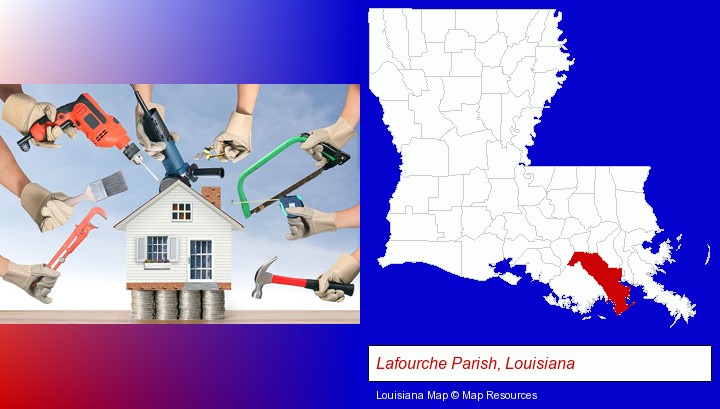 home improvement concepts and tools; Lafourche Parish, Louisiana highlighted in red on a map