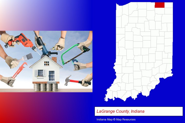 home improvement concepts and tools; LaGrange County, Indiana highlighted in red on a map