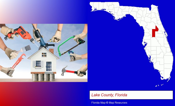 home improvement concepts and tools; Lake County, Florida highlighted in red on a map