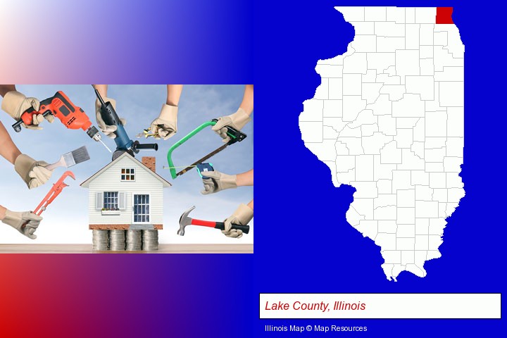 home improvement concepts and tools; Lake County, Illinois highlighted in red on a map