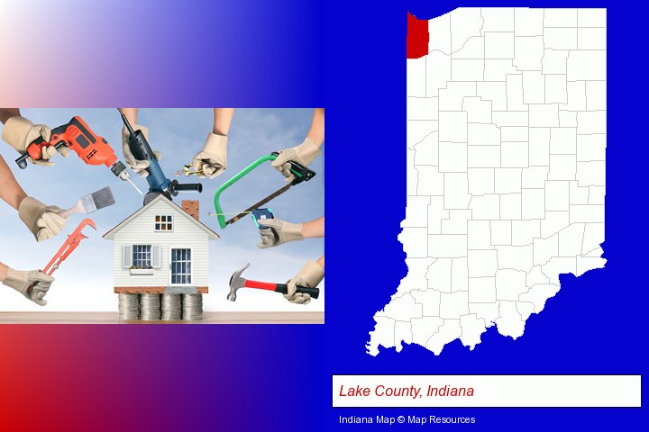 home improvement concepts and tools; Lake County, Indiana highlighted in red on a map
