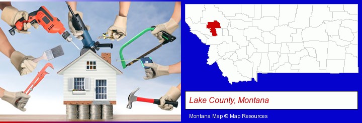 home improvement concepts and tools; Lake County, Montana highlighted in red on a map