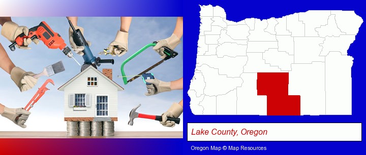 home improvement concepts and tools; Lake County, Oregon highlighted in red on a map