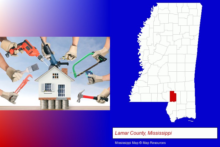 home improvement concepts and tools; Lamar County, Mississippi highlighted in red on a map