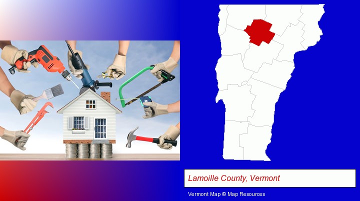 home improvement concepts and tools; Lamoille County, Vermont highlighted in red on a map