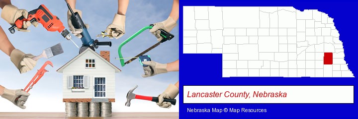 home improvement concepts and tools; Lancaster County, Nebraska highlighted in red on a map