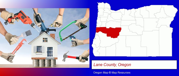 home improvement concepts and tools; Lane County, Oregon highlighted in red on a map