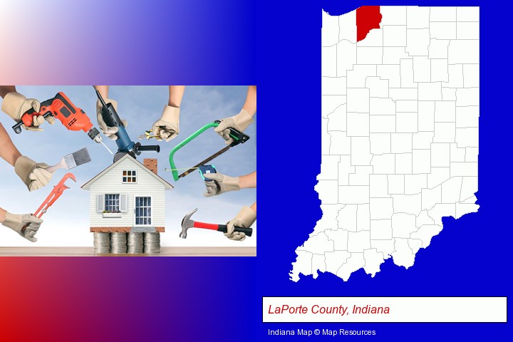 home improvement concepts and tools; LaPorte County, Indiana highlighted in red on a map