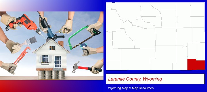 home improvement concepts and tools; Laramie County, Wyoming highlighted in red on a map