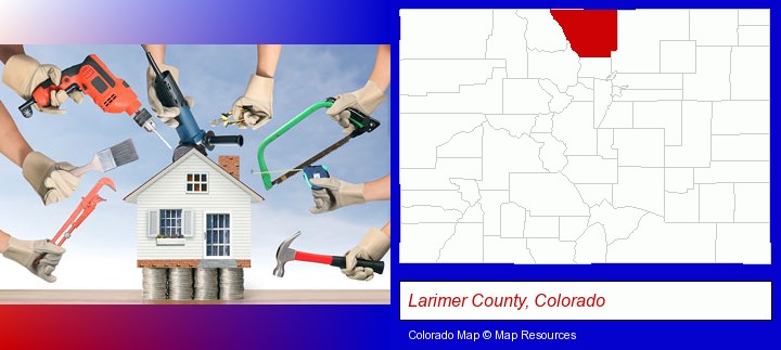 home improvement concepts and tools; Larimer County, Colorado highlighted in red on a map
