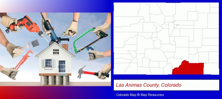 home improvement concepts and tools; Las Animas County, Colorado highlighted in red on a map