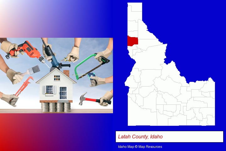 home improvement concepts and tools; Latah County, Idaho highlighted in red on a map
