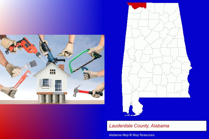 home improvement concepts and tools; Lauderdale County, Alabama highlighted in red on a map