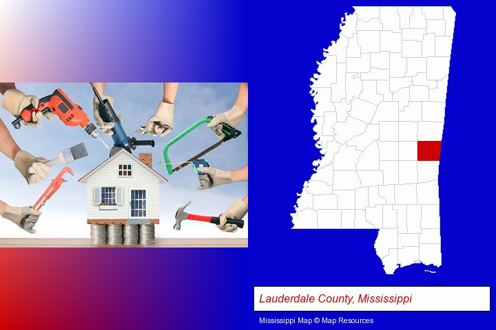 home improvement concepts and tools; Lauderdale County, Mississippi highlighted in red on a map
