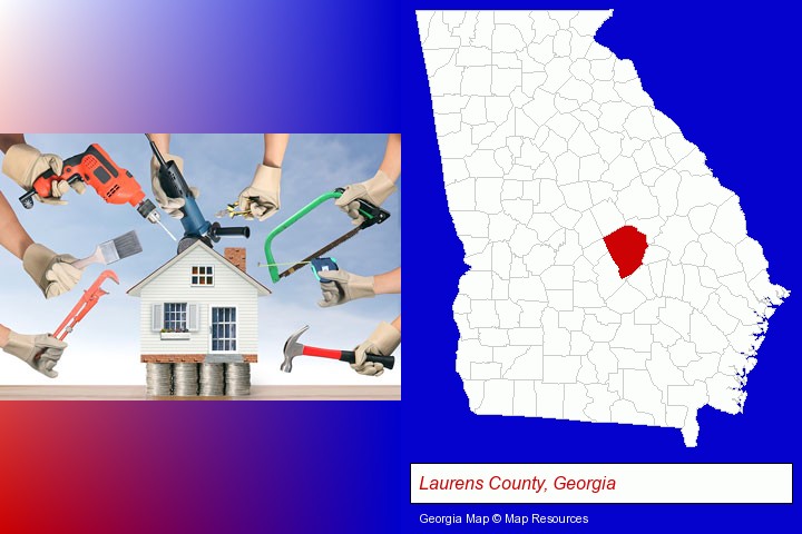 home improvement concepts and tools; Laurens County, Georgia highlighted in red on a map