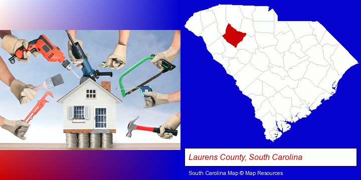 home improvement concepts and tools; Laurens County, South Carolina highlighted in red on a map