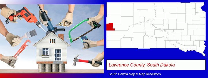 home improvement concepts and tools; Lawrence County, South Dakota highlighted in red on a map