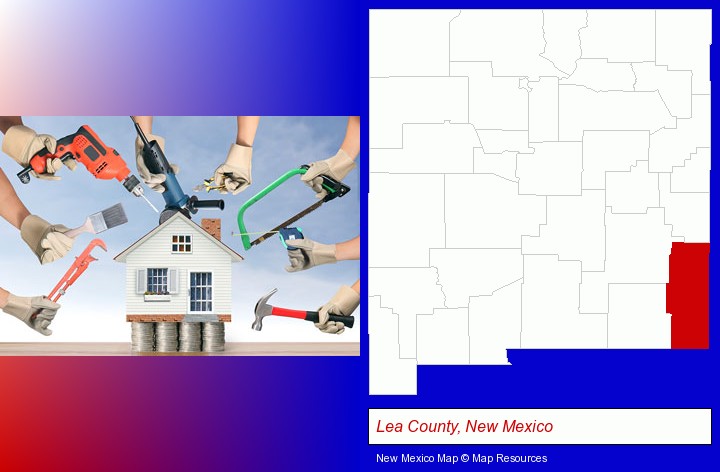 home improvement concepts and tools; Lea County, New Mexico highlighted in red on a map