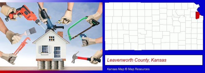 home improvement concepts and tools; Leavenworth County, Kansas highlighted in red on a map