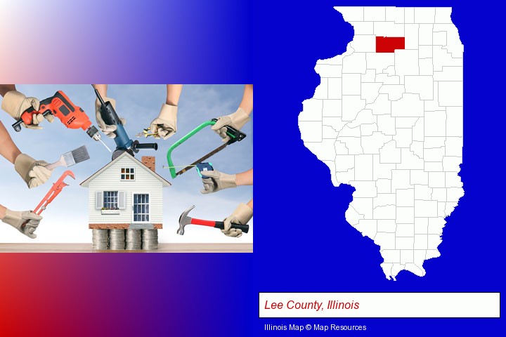 home improvement concepts and tools; Lee County, Illinois highlighted in red on a map
