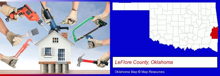 home improvement concepts and tools; LeFlore County, Oklahoma highlighted in red on a map