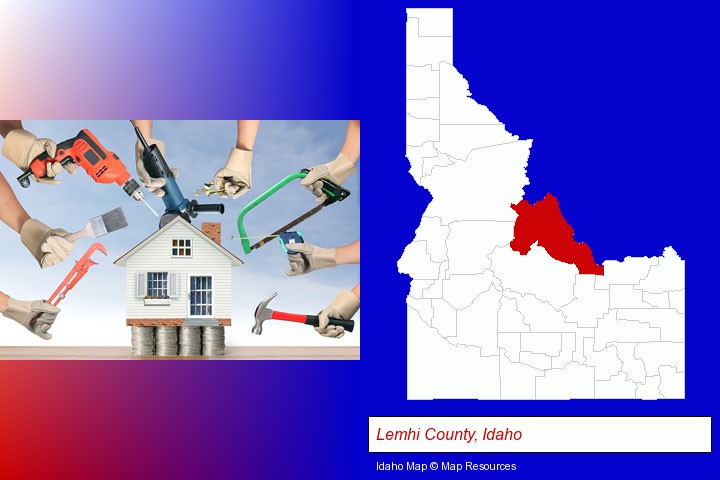 home improvement concepts and tools; Lemhi County, Idaho highlighted in red on a map