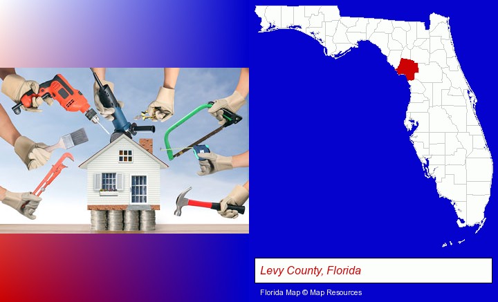 home improvement concepts and tools; Levy County, Florida highlighted in red on a map