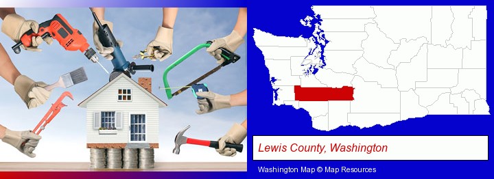 home improvement concepts and tools; Lewis County, Washington highlighted in red on a map